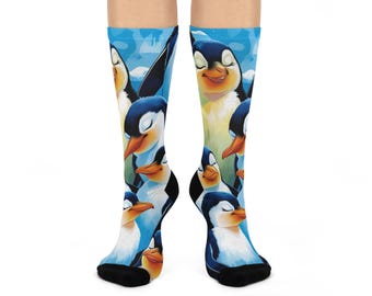 Cheerful Penguin Crew Socks, Cute Animal Socks, Gift for Animal Lovers, Cozy Socks for Winter, Unique Fashion Socks, Funny Penguins