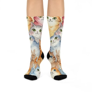 Cute Cat Pattern Cushioned Crew Socks, Fun Cat Lover Gift, Cozy Cat Socks for Home, Gift for Cat Moms, Playful Animal Socks