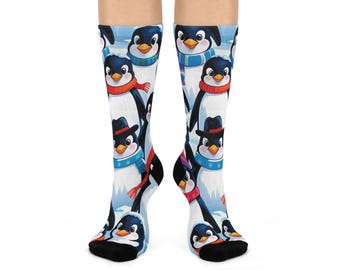 Penguin Print Cushioned Crew Socks, Cozy Winter Accessories, Fun Gift for All, Festive Holiday Wear, Warm and Comfy Feet