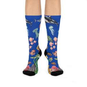 Fun Ocean-Themed Cushioned Crew Socks, Sea Life Gift, Beach Outfit, Cute Novelty Socks, Unisex Marine Socks