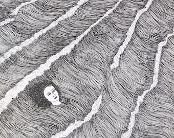 Peut inclure: Un dessin au trait en noir et blanc d'un visage de femme aux yeux fermés, partiellement immergé dans une mer de vagues tourbillonnantes.