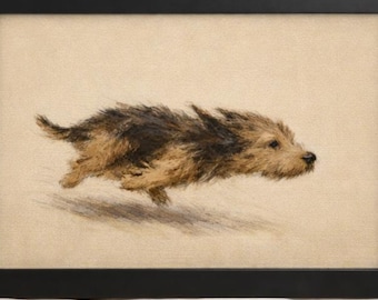 Sable Terrier Dog Zoomies Oil Painting Print, Dynamic Norfolk Terrier Wall Art