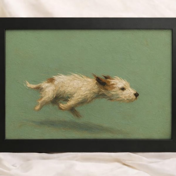 Impresión de pintura al óleo de un perro con zoomies: Arte rústico para mascotas