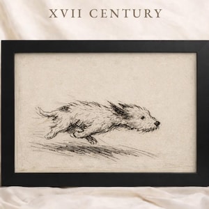Op de afbeelding: Zwart ingelijste prent met een schets van een rennende hond. Het kunstwerk is in zwart-wit, met de tekst "XVII CENTURY" bovenaan. De prent wordt gepresenteerd op een crèmekleurige achtergrond.