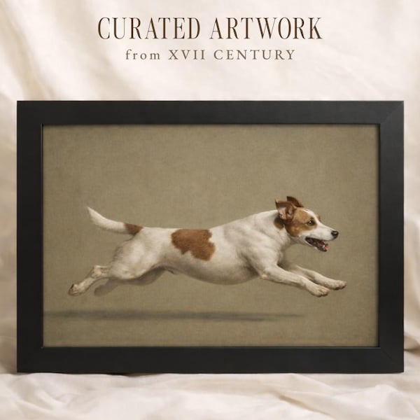 Impresión artística de pared vintage de Jack Russell Terrier, obra de arte de perro con zoomies, decoración para mascotas verde salvia, regalo rústico de granja para amantes de los perros