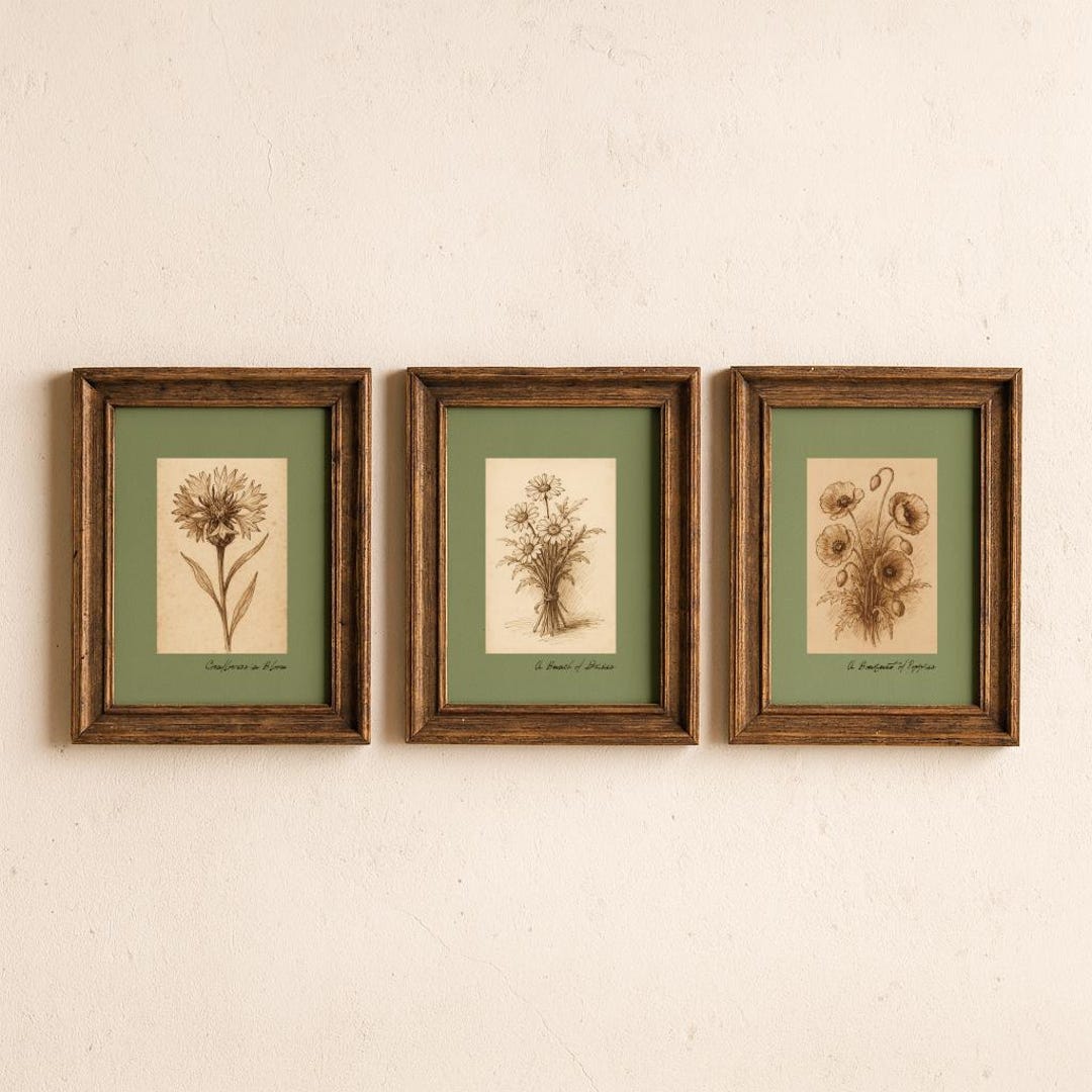 Vintage Botanical Prints Set: Wildflower Sketch Art Trio - Etsy