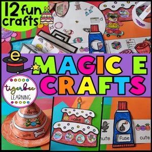 Könnte beinhalten: Ein farbenfrohes Bild mit dem Text "MAGIC E CRAFTS" in großen Buchstaben. Das Bild zeigt verschiedene Bastelarbeiten, um Kindern den magischen E-Laut im Englischen beizubringen. Die Bastelarbeiten umfassen einen Geburtstagskuchen, einen Hut, eine Klebeflasche und einen Bären auf einem Skateboard.