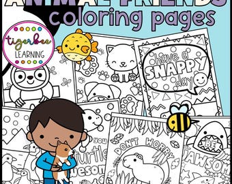 May include: Black and white coloring pages featuring various animals, including a turtle, a sloth, a capybara, a shark, a bee, a pufferfish, a cat, and a dog. The pages include text such as "You turtle-ly awesome", "Don't worry be capy", "Have a snappy day", and "Be jawsome".