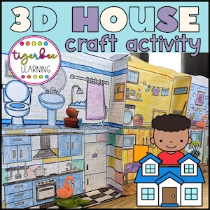 Puede incluir: Una actividad de manualidades de casa 3D imprimible para niños. La casa tiene un baño, una cocina y un dormitorio. La imagen incluye un título "3D HOUSE craft activity" y un logotipo para "tigerbee LEARNING".