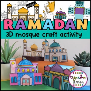 May include: A printable 3D mosque craft activity for Ramadan. The image shows four different mosque designs, each with a different color scheme. The mosques are made of paper and can be assembled into 3D models. The image also includes the text "RAMADAN 3D mosque craft activity".