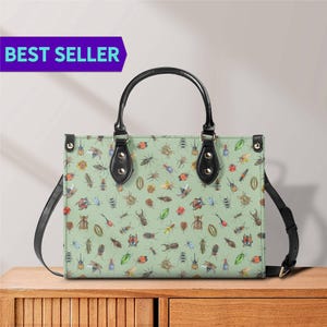 Vegan Leather Handbag with Beetle Pattern, Insect-Themed Tote, Ethical Fashion Accessory