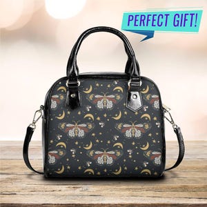 Celestial Moth Vegan Leather Handbag - Mystical Night Sky Purse, Gothic Moon Stars Shoulder Bag, Witchy Fashion Satchel