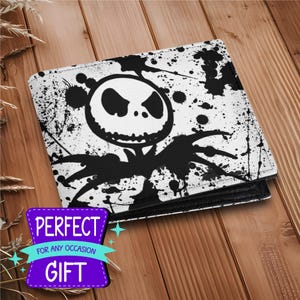 Minimalistische Brieftasche aus veganem Leder für Herren, Jack Skellington Splatter Design, schlanker zweifach faltbarer Kartenhalter