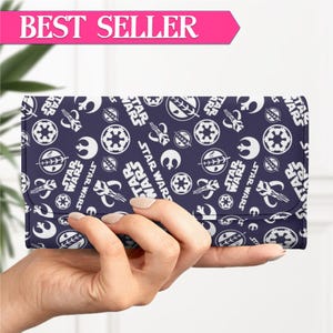 Cartera de tres pliegues con diseño de la marina de guerra de Star Wars, billetera de cuero vegano con el logotipo de Rebel y Empire, regalo para fanáticos de la ciencia ficción