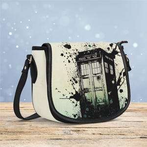 Artistic TARDIS Vegan Leather Crossbody, Doctor Who Splatter Art Saddle Bag, Whovian Gift