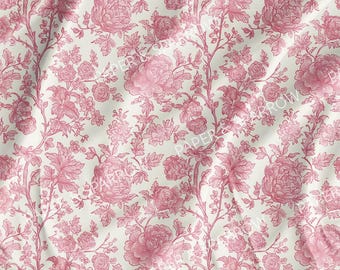 Pink Peony Toile Floral Cotton Fabric, Sewing Craft Supplies, Cottagecore Art Nouveau William Pattern Printed Fabric Roll by the Yard