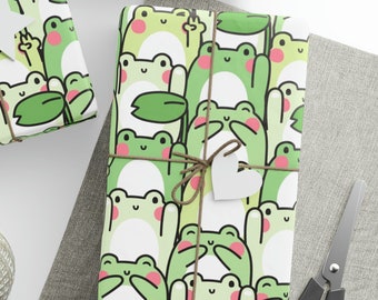 Green Kawaii Frog Gift Wrapping Paper Roll, Cute Gen Z Birthday Wrap Paper for Funny Gift