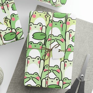 Green Kawaii Frog Gift Wrapping Paper Roll, Cute Gen Z Birthday Wrap Paper for Funny Gift