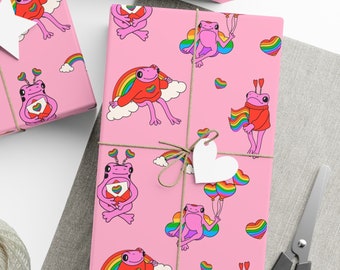 Cute Rainbow Frog Wrapping Paper, Pink Colorful Birthday Wrapping Paper, Cute Gift Wrap, Animal Kids Gift Present Paper Roll for Her