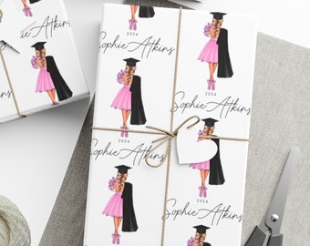 Graduation Personalised Name Gift Wrapping Paper Roll, Custom Pink Wrap Paper, Cute School Class College University Gift