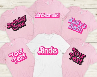 Custom Pink Doll T-Shirt, Personalised Barb Bridesmaid Shirt, Hens Bachelorette Party Shirt Short Sleeve Tee for Women