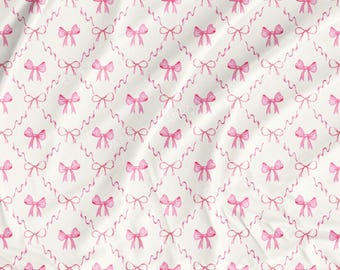 Pink Coquette Bow Floral Cotton Fabric, Sewing Craft Supplies, Retro Farmhouse Cottage Pattern Printed Fabric Roll by the Yard