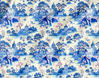 Donald Trump Floral Fabric, Chinoiserie Toile Sewing Craft Supplies, USA Blue Flower Nature Pattern Printed Fabric Roll by the Yard