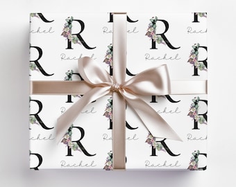 Personalised Name Monogram Wrapping Paper Roll, Custom Floral Initial Minimalistic Gift Wrap Paper for Handmade Present