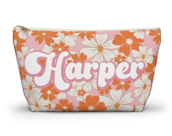 Hippie Blumen kundenspezifische Kosmetiktasche, personalisierte Reisetasche Zubehör Beutel für Toilettenartikel, Hens Bachelorette Geschenk zum Geburtstag