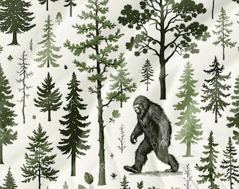 Bigfoot Sasquatch Toile Cotton Fabric, Forest Tree Conspiracy Sewing Craft Supplies, Funny Nature Pattern Printed Fabric Roll by the Yard
