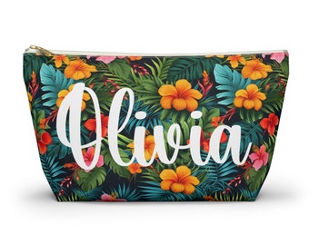 Borsa per cosmetici con nome personalizzato tropicale, custodia per accessori per borsa da viaggio personalizzata per articoli da toeletta, regalo di addio al nubilato per galline per il compleanno