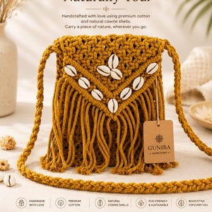 Boho Macrame Crossbody Bag with Cowrie Shells | Handmade Cotton Fringe Purse| Mustard Colour