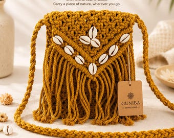 Boho Macrame Crossbody Bag with Cowrie Shells | Handmade Cotton Fringe Purse| Mustard Colour