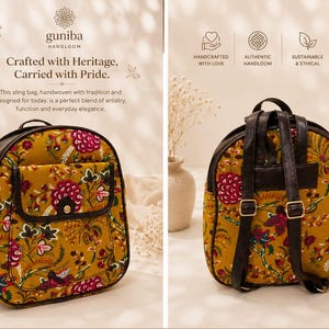 May include: A mustard yellow backpack featuring a floral pattern in shades of pink, green, and white. The bag has dark brown leather-like trim, a front flap pocket with a snap closure, and adjustable shoulder straps. A tag labeled guniba is attached.