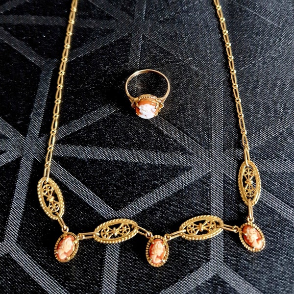 Ensemble collier et bague, camée, filigrane,art deco