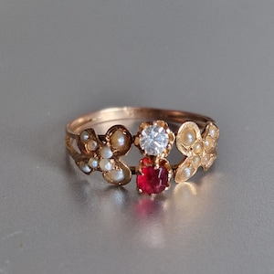 Victorian 18k Rose Gold Ring with Seed Pearls, Synthetic Ruby, and white stone