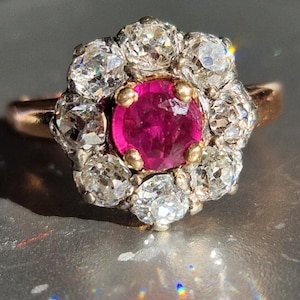Antique Cluster Ring 18k Rose Gold Ruby & Old Mine Cut diamonds