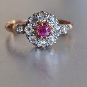Vintage 18K Rose Gold & Platinum Daisy Ring with Ruby and Rose-Cut Diamonds