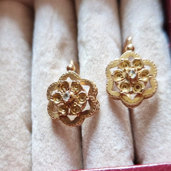 18k Flower earrings -Antique French dangling earrings, 18ct yellow gold fine jewelry -Victorian earrings -Dormeuses