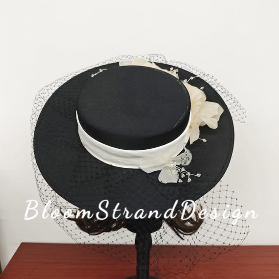 Vintage Black Hat With Net Veil: Silk Flowers & Crystal  display picture 1