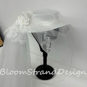 Vintage Handmade Wedding Hat,Bridal Lace Hat,Vintage Lady Hat White,Tulle Train Hat,Veil Hat for Women,Party Hat,Flower and Pearl Veil Hat