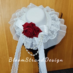 White Lace Fascinator: Burgundy Rose, Pearl Chains Elegant Church Hat