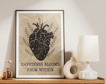 Poster coeur et brindilles de style vintage avec citation inspirante • Arrière-plan de page de livre • Art mural rustique • Art imprimable