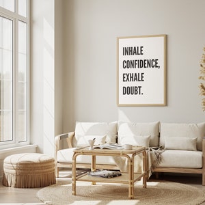 Minimalistische typografie kunst zwart-wit muur decor adem vertrouwen in, adem twijfel uit Poster Trendy Wall Art Afdrukbare kunst afbeelding 3