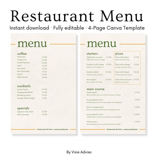 Restaurant Menu Template, Menu Portrait Mode, Customizable Canva Menu Template for Restaurant, Bar, Café, Bistro. Elegant Simple Menu.