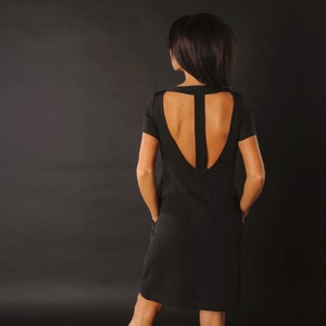 Black mini dress with pockets and open back, Little black dress, KRIKL, Made in Latvia image 5