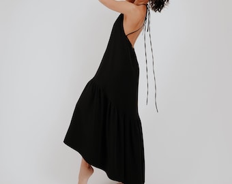 Black long frill dress with open back, Party dress, Black dress, Women clothing, Women style, Basic dress, KRIKL, Made in Latvia