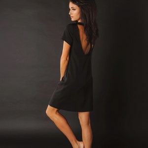 Black mini dress with pockets and open back, Little black dress, KRIKL, Made in Latvia image 7