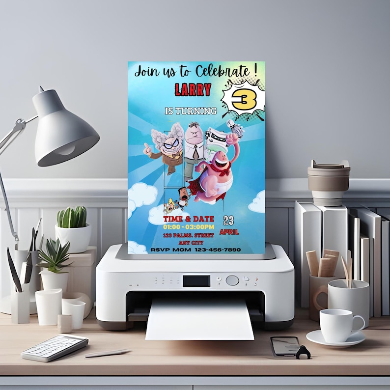 May include: A blue and red birthday invitation with a cartoon character from the movie Cloudy with a Chance of Meatballs. The invitation says "Join us to Celebrate! Larry is turning 3". The invitation also includes the date, time, and RSVP information.