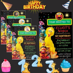 May include: A Sesame Street themed birthday invitation with Big Bird, Elmo, Cookie Monster, and other characters. The invitation is for Elliot's 1st birthday party on Saturday, April 20, 2024 at 12pm. The invitation includes the address and RSVP information.